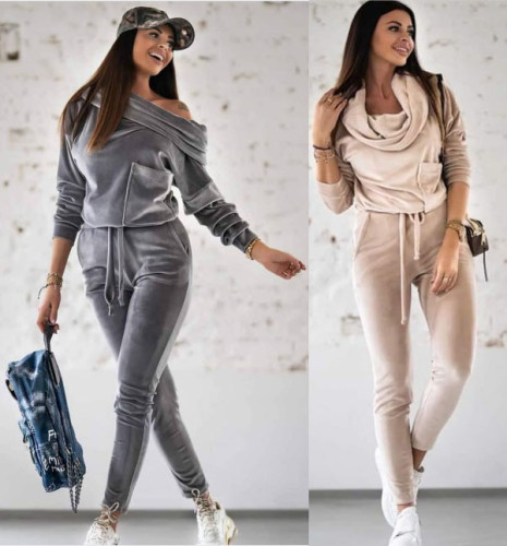 2021 autumn winter Korean cashmere solid color long sleeve sexy one shoulder pocket casual Jumpsuit