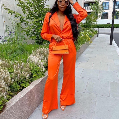 Loose solid color long-sleeved casual wide-leg pants two-piece suit