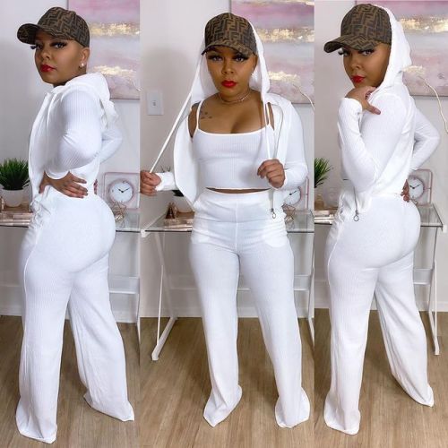 White hooded zipper pocket casual three-piece suit