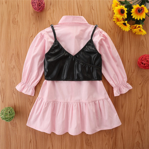 2021 autumn new girls dress suspender lining + long sleeve pleated skirt two clothes