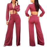 2021 Sexy lace-up top, high-waisted flared pants, two-piece suit
