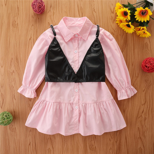 2021 autumn new girls dress suspender lining + long sleeve pleated skirt two clothes