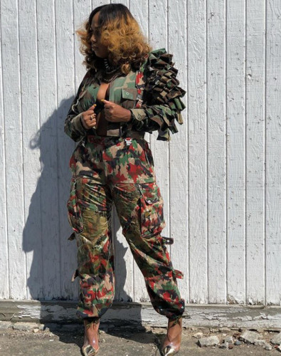 Autumn and winter 2021 Ruffle camouflage sexy coat