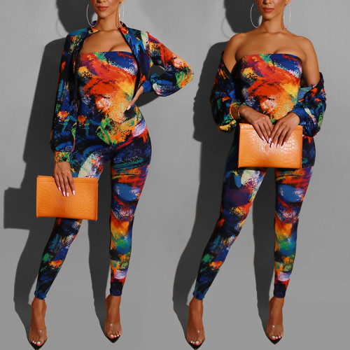 Sexy printed chest wrap jumpsuit two-piece autumn
