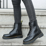 British style large leather boots women's round head lace up square heel Martin boots Pu short boots Plus size shoes