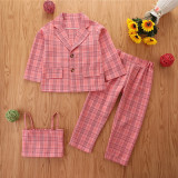 2021 autumn girls suit small and medium children's casual clothes single-breasted blouse lined with trousers three-piece suit