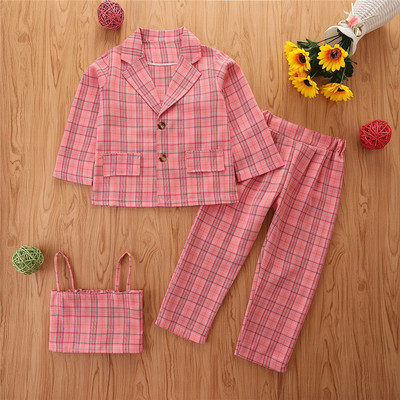 2021 autumn girls suit small and medium children's casual clothes single-breasted blouse lined with trousers three-piece suit