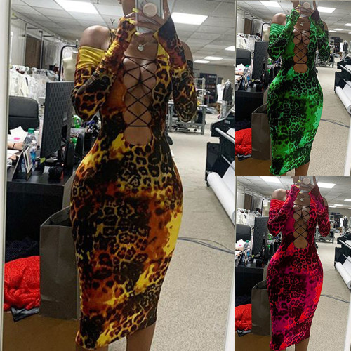 Long sleeve leopard tube top sexy dress