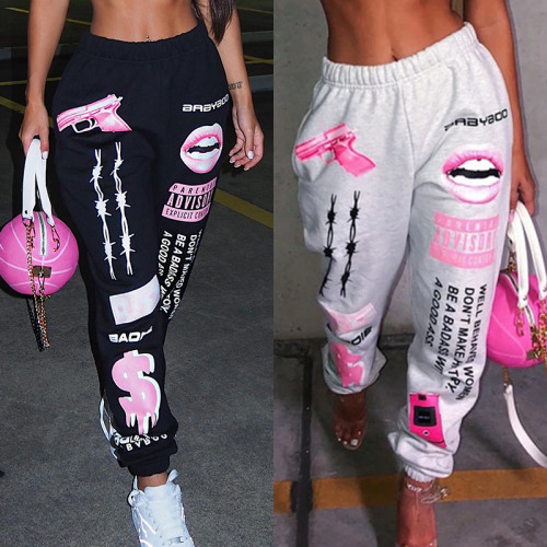 Printed fashion sports casual pants with elastic waist