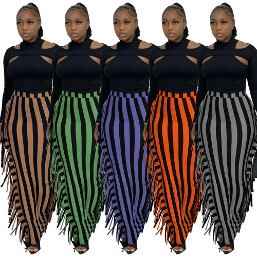 Winter cute print striped fringed skirt on both sides