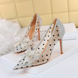 Sexy nightclub thin heel super high heel shallow mouth pointed mesh hollow out Rhinestone bow single Plus size shoes