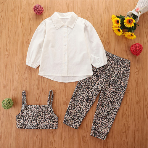 2021 autumn new girls' suit girls' trend clothes T-Shirt Top suspender lining + pants three pieces