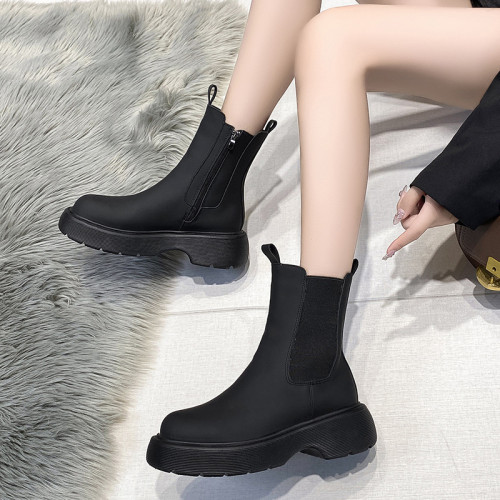 British style Martin boots women's round head thick bottom chimney boots solid color short boots Plus size shoes