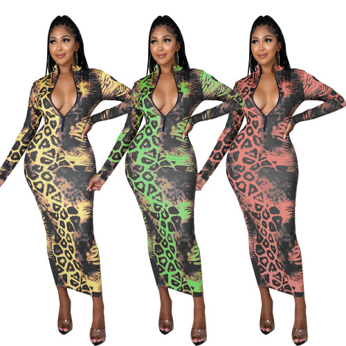 Zipper Long Sleeve Fashion Slim Digital Printed Mid-length Dress
