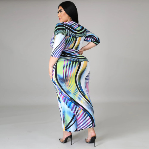 2021 autumn print large slim dress Knee Length Dress