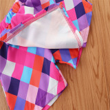 2021 autumn new girls' suit children's long sleeved plaid coat suspender lining + shorts three piece set