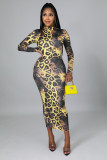 Zipper Long Sleeve Fashion Slim Digital Printed Mid-length Dress