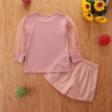 Girls' long sleeve suit 2021 autumn new hollow out long sleeve top + shorts two-piece children's casual clothes