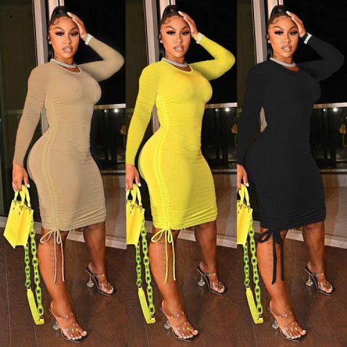 2021 autumn women's round neck long sleeve Pleated Dress solid color slim fitting nightclub dress