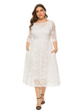 Large size evening dress mid-length skirt hollow lace pocket dress
