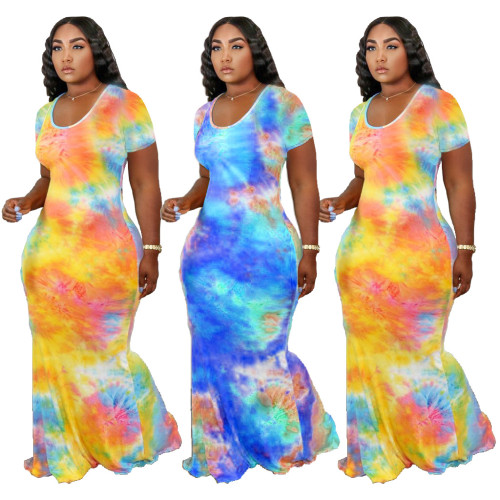 Autumn and winter fashion tie-dye printed short-sleeved dress long skirt