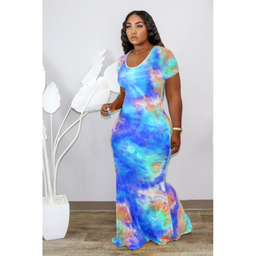 Autumn and winter fashion tie-dye printed short-sleeved dress long skirt