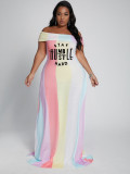 Plus size women's fashion color contrast striped sexy one-word shoulder dress