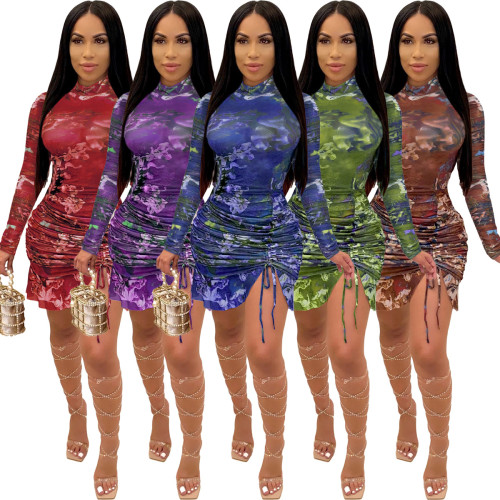 Fashion pleated digital print long sleeve dress