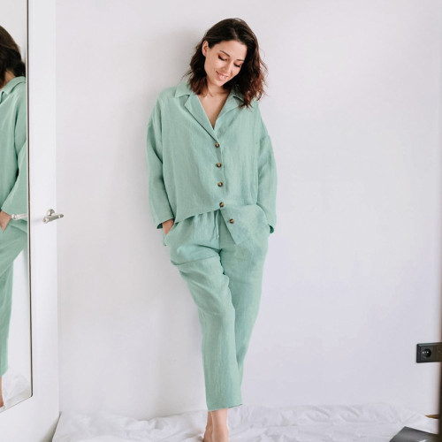2021 autumn new pure cotton temperament leisure suit shirt long sleeve trousers air conditioning suit mint LUSHEN French