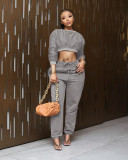 Fashion casual solid color exposed umbilical two-piece slim fit