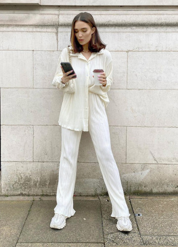 2021 autumn new pleated casual shirt suit long sleeve trousers high waist temperament loose hanging feeling