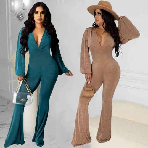 Casual solid color V-neck long-sleeved sexy autumn jumpsuit