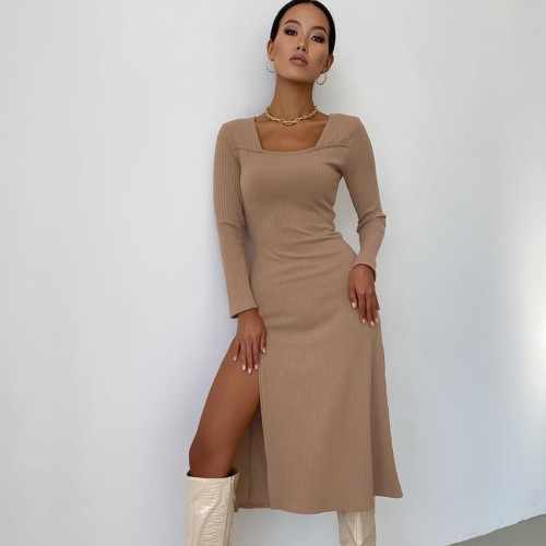 2021 early autumn new knitted skirt long skirt temperament women's dress slit long sleeve sexy elastic square collar
