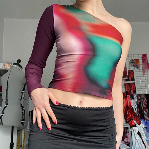 Autumn new style multi-color printing pullover one-shoulder sleeve oblique collar exposed umbilical casual top
