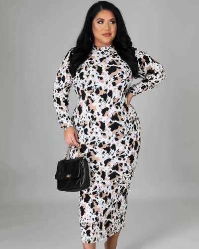 2021 autumn round neck long sleeve women's printed casual sexy dress