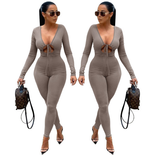 Pure color simple tight-fitting temperament commuter lace-up long-sleeved jumpsuit