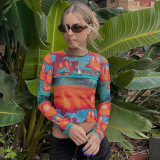 Autumn multi-color printing pullover long-sleeved umbilical micro-transparent fashion casual top
