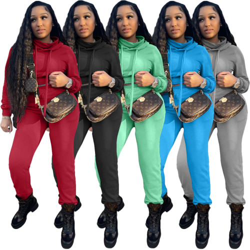 2021 autumn winter fashion leisure suit high collar sweater two piece set pile collar hooded leisure sports suit
