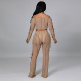2021 new long sleeved off shoulder bra sexy thin pure color polyester mesh milk silk Pants Set