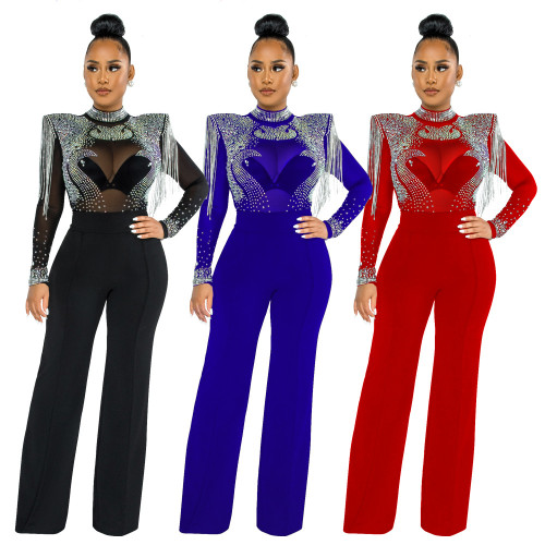 2021 autumn and winter straight pants high waist nightclub hot drill polyester mesh straight combo one-piece pants with shoulder cotton