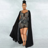 Autumn and winter new dress 2021 sexy long sleeved wrapped chest polyester mesh hot drill nightclub dress