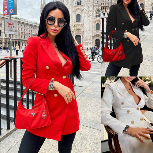 2021 autumn and winter new fashion trend medium long sleeved double breasted suit coat