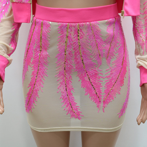 2021 autumn new Beaded tweed coat long long sleeve round neck printed V-neck sexy skirt three piece set