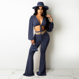 Autumn and winter new style sexy navel long-sleeved short top trouser suit two-piece suit