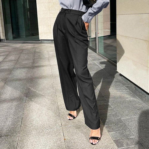2021 autumn new pants for commuting and versatile high waist Black Pocket ol straight pants workplace trousers women's loose