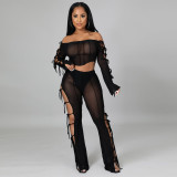 2021 new long sleeved off shoulder bra sexy thin pure color polyester mesh milk silk Pants Set