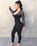 2021 autumn sexy mesh stitching deep V sexy perspective slim fit Jumpsuit