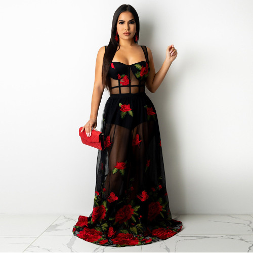 2021 new suspender middle waist nightclub long skirt printed embroidered cloth zhigonghe perspective sexy dress