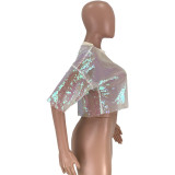 2021 autumn women's sexy medium sleeve waist Sequin top