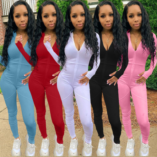 Urban fashion casual pants, feet split, stitching 5-color long-sleeved jumpsuit